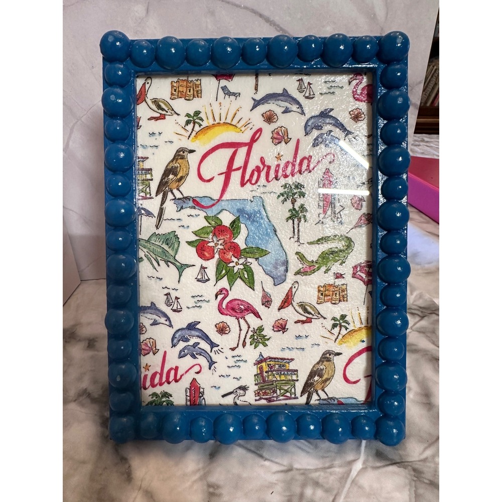 Florida Souvenir Framed Art Blue Beaded Bobbin Frame Tabletop Wall Decor 6.5x8.5